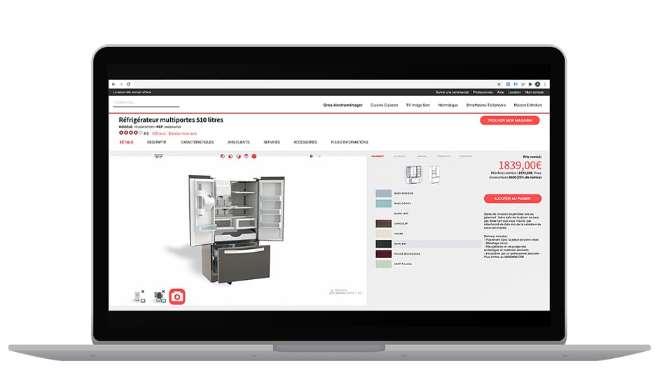 configurateur 3D d'un appareil electromenager de type réfrigirateur sur un site web E-commerce