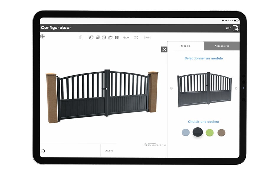 configurateur 3D d'un portail à battant avec variation de couleurs et d'options